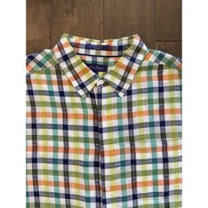Alan Flusser Shirt Mens XL Multicolor Check Linen Button Up Short‎ Sleeve Pocket